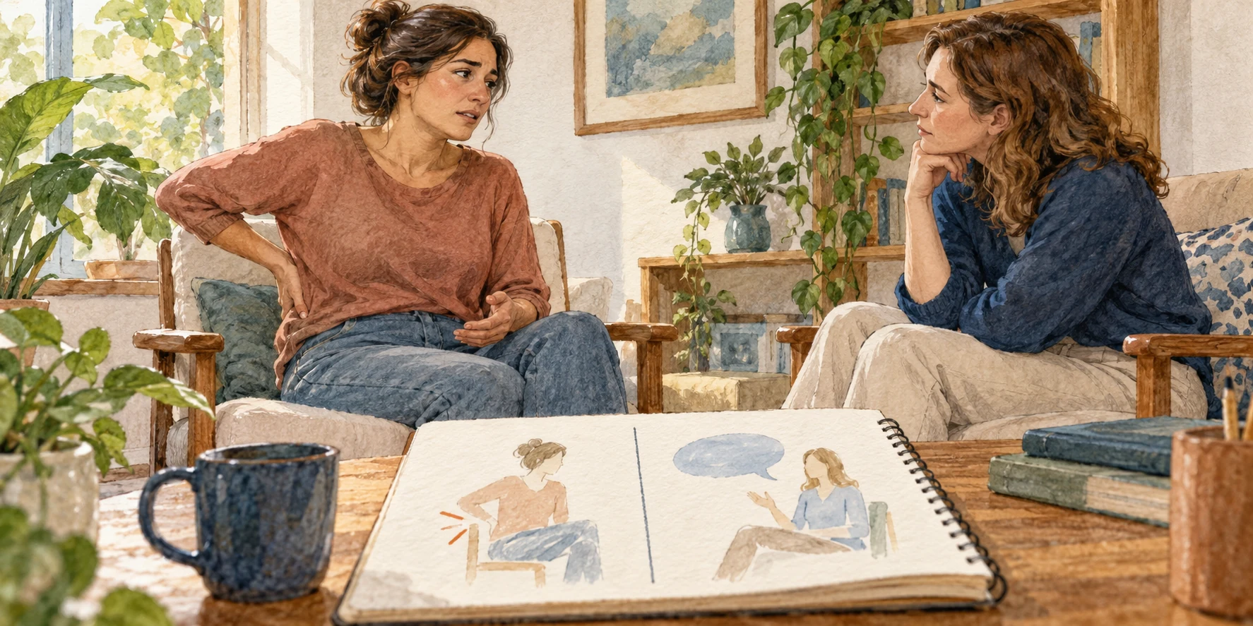Una adulta cambia de postura mientras otra escucha; un cuaderno separa movimiento y conversación.
