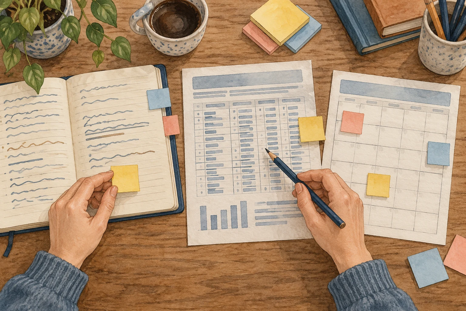 Manos de estudiante comparan un cuaderno, un informe con columnas y un calendario.
