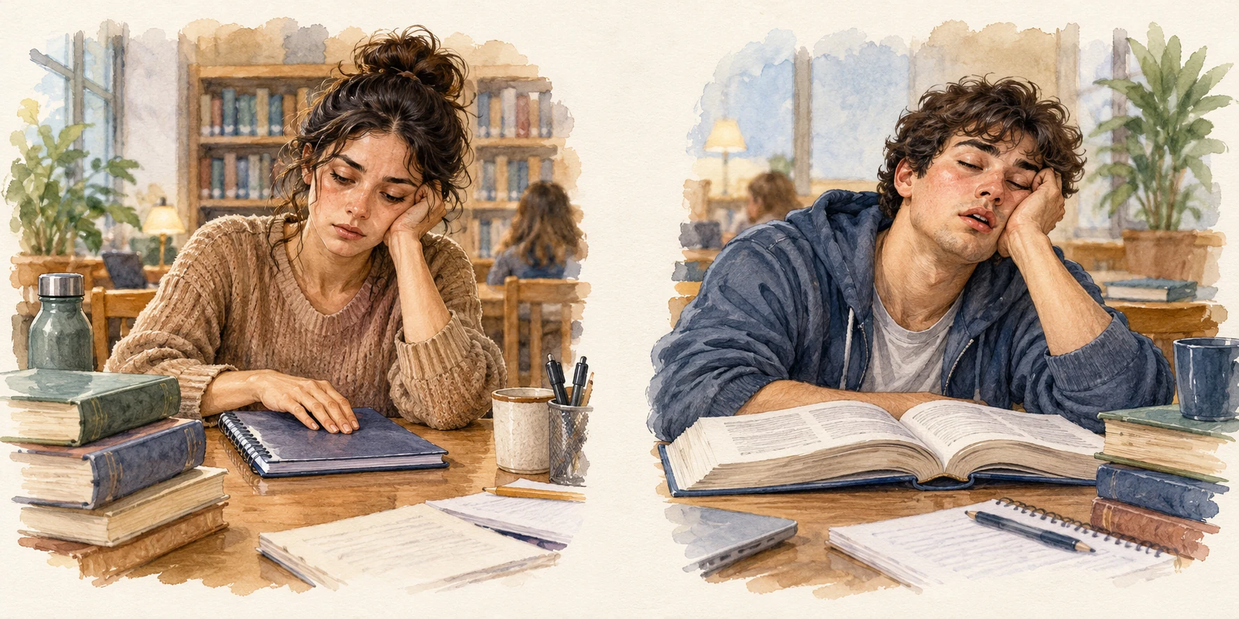 Dos estudiantes: una hace una pausa con el cuaderno cerrado y otro aparece somnoliento ante un libro.