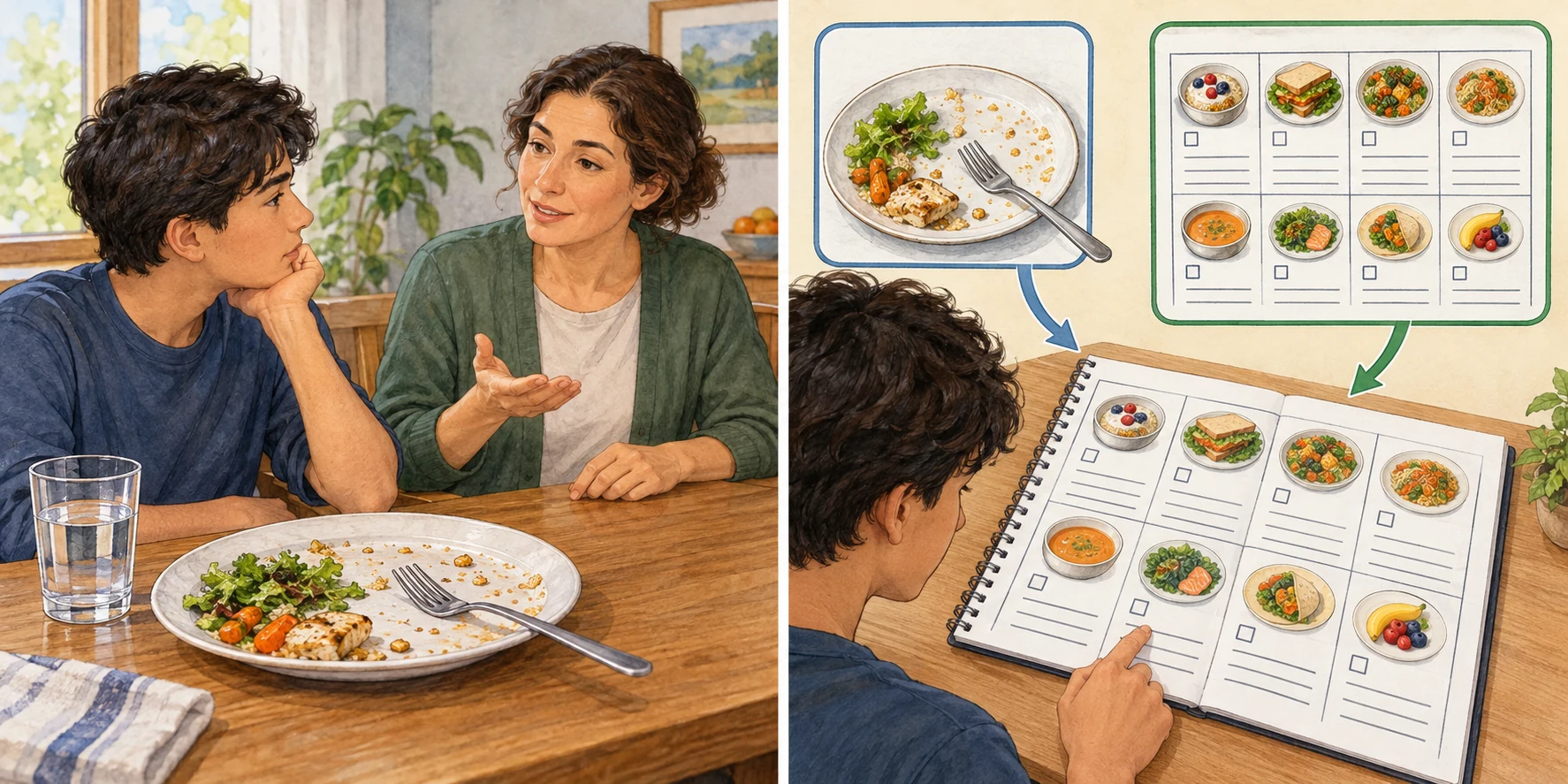 Una conversación junto a un plato parcialmente consumido y un registro ilustrado de varias comidas.