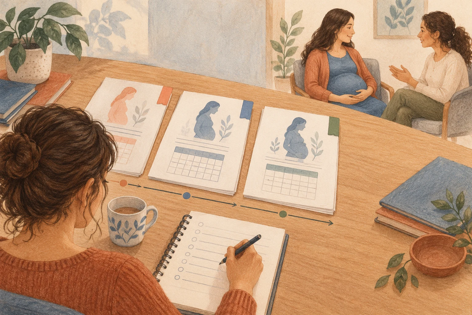 Documentos prenatales ordenados por colores y una estudiante que anota preguntas.